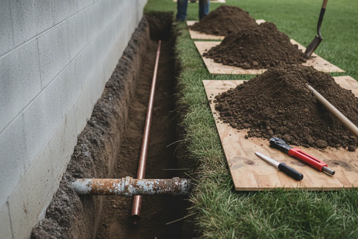 Excavated water line trench during Sewer Line Repair in Steger